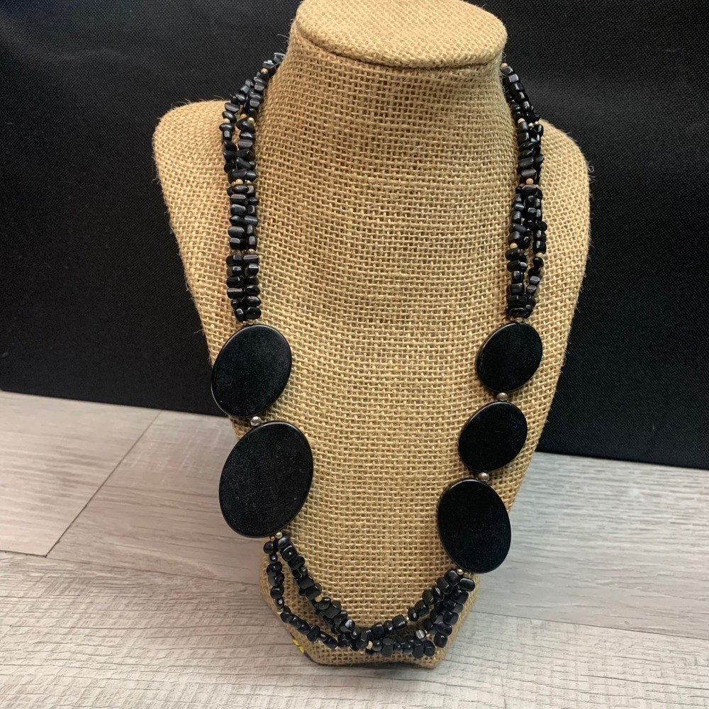 Multi Strand Black Bead Statement Necklace Oval Disc 22 Inch Boho Layered 5380